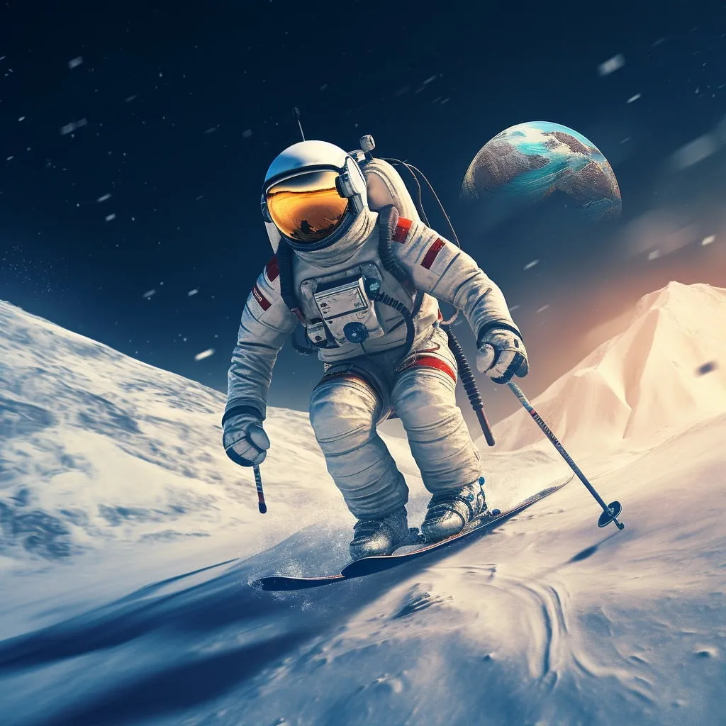 un skieur s'élançant sur les pistes sableuses de la Lune.