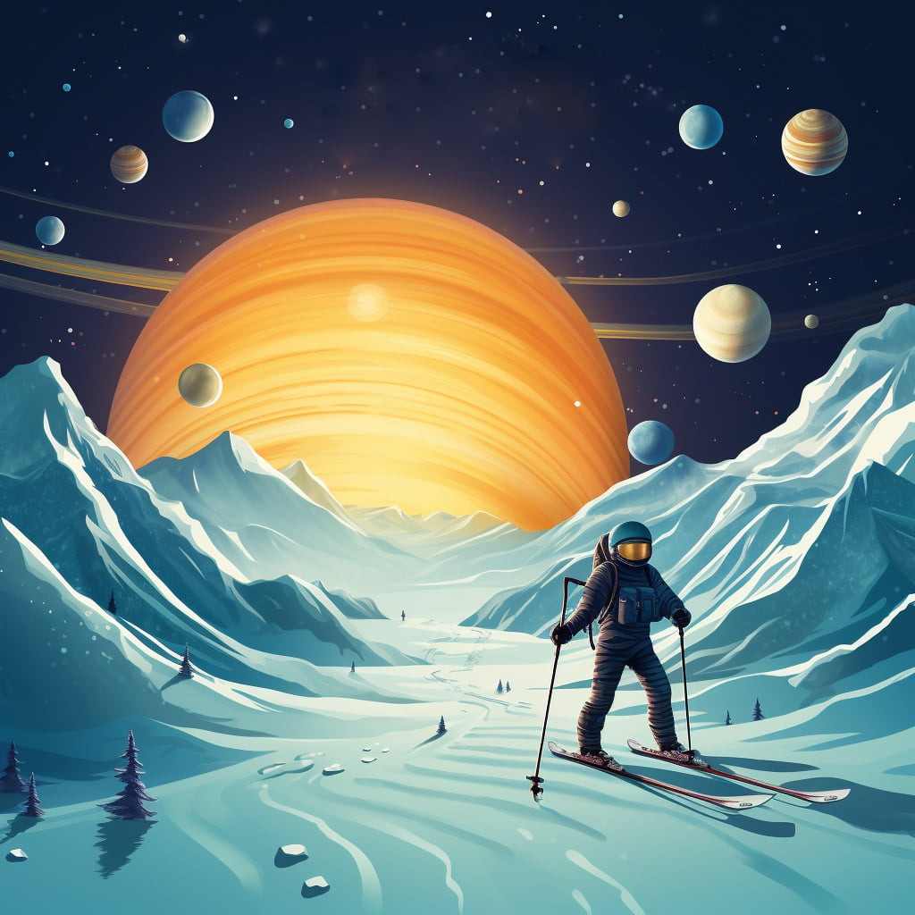 Skieur dans un espace imaginaire avec des planètes dans le ciel en arrière-plan.