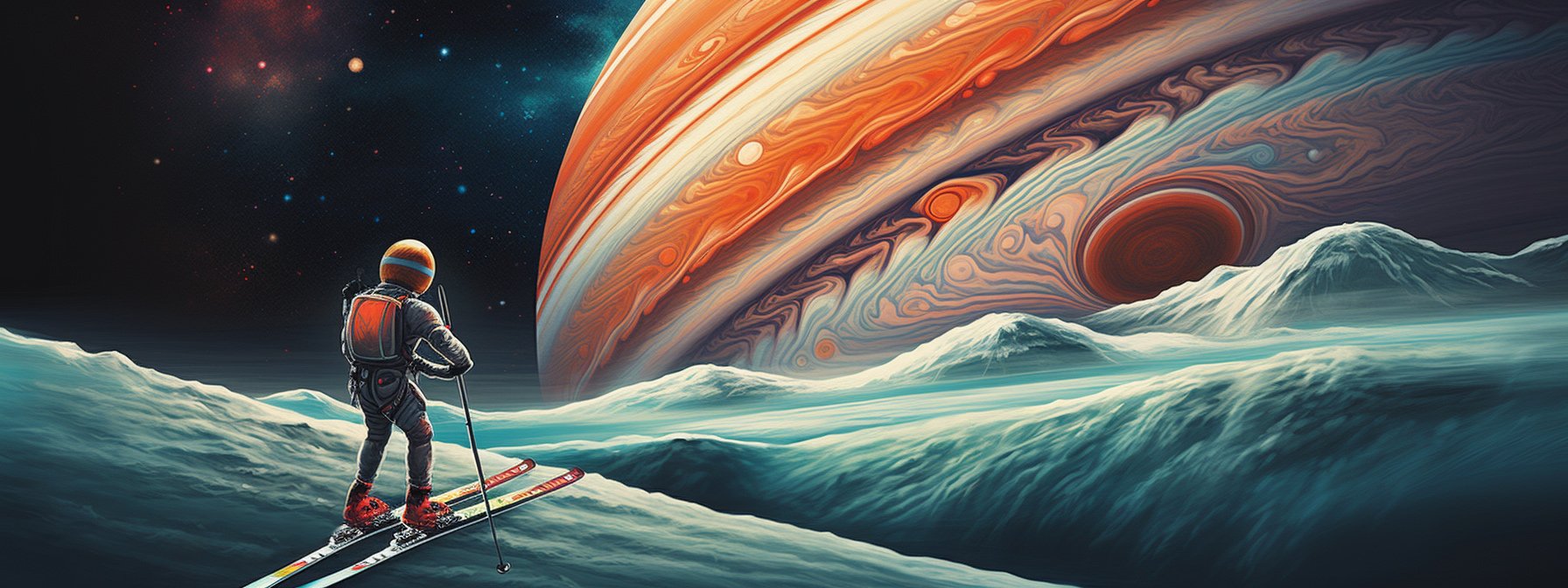 Skieur de randonnée sur Ganymède avec une vue impressionnante sur Jupiter
